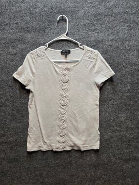 Nine West Women's Crochet Lace Panel Short Sleeve Top T-Shirt Ivory Cream Size M